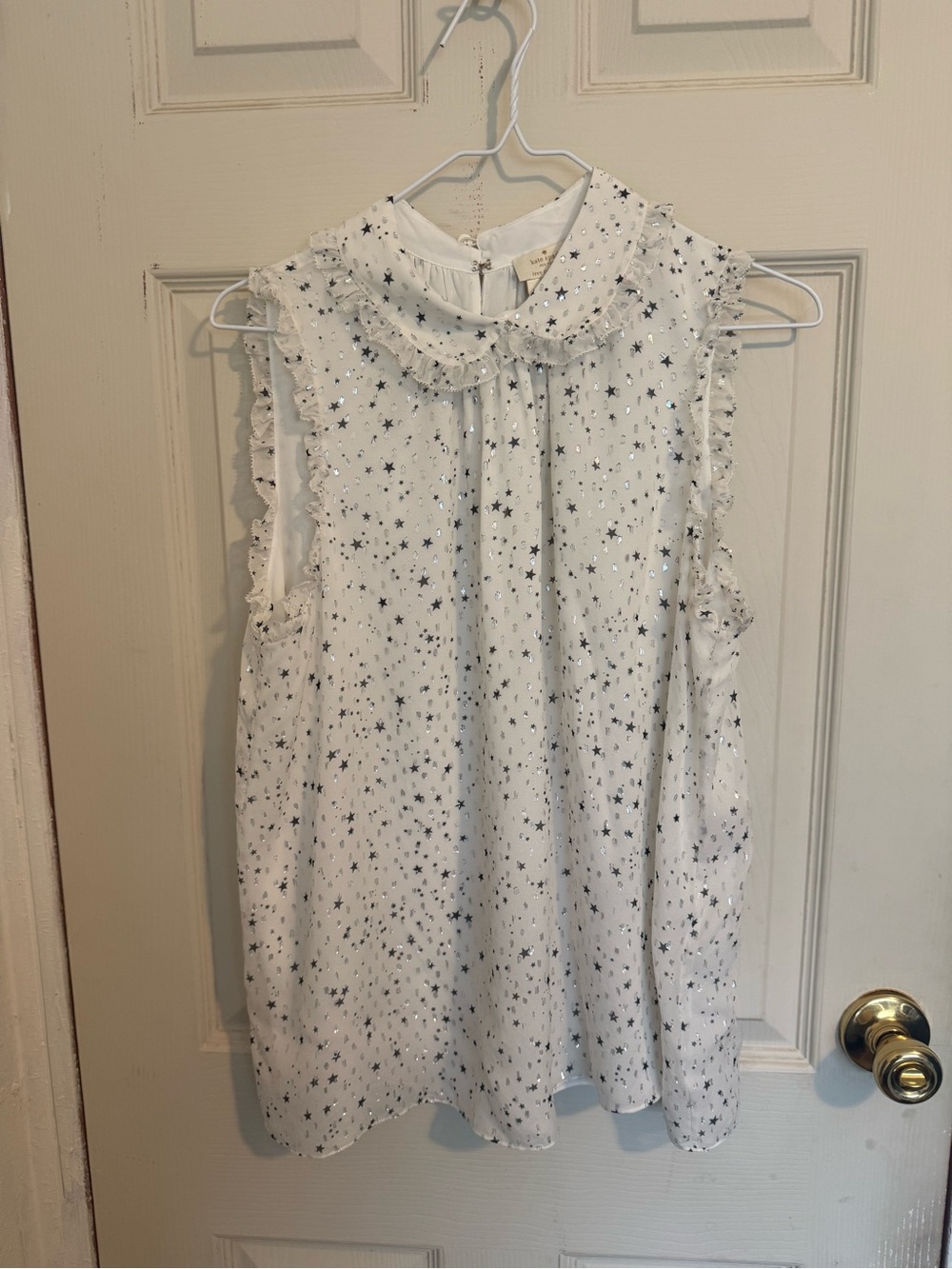 kate spade White Sleeveless Star Print Ruffle Collar Blouse